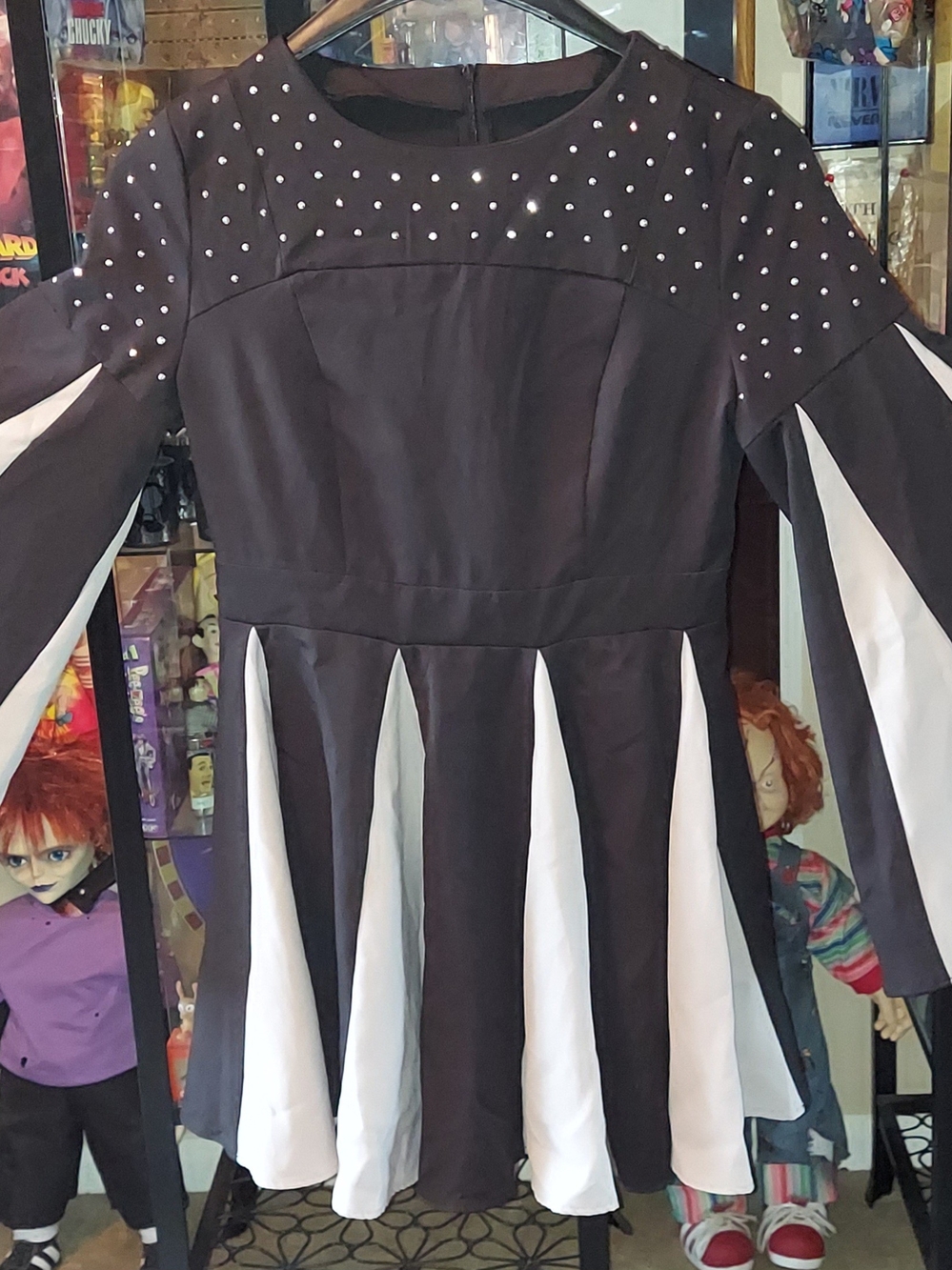 SHEIN Black and White Long Sleeve Panel Skater Dress with Studs